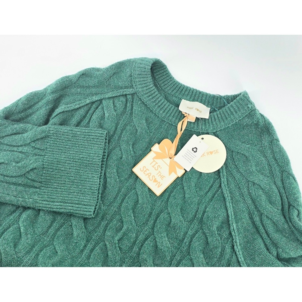 Pink Rose Cottagecore Cable Knit Sweater Size Small Womens Spruce Green NWT